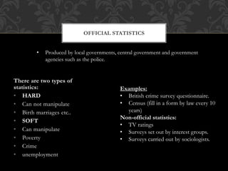 • Produced by local governments, central government and government 
There are two types of 
statistics: 
• HARD 
• Can not manipulate 
• Birth marriages etc.. 
• SOFT 
• Can manipulate 
• Poverty 
• Crime 
• unemployment 
OFFICIAL STATISTICS 
Examples: 
• British crime survey questionnaire. 
• Census (fill in a form by law every 10 
years) 
Non-official statistics: 
• TV ratings 
• Surveys set out by interest groups. 
• Surveys carried out by sociologists. 
agencies such as the police. 
 