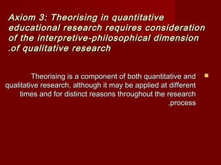 Axiom 3: Theorising iinn qquuaannttiittaattiivvee 
eedduuccaattiioonnaall rreesseeaarrcchh rreeqquuiirreess ccoonnssiiddeerraattiioonn 
ooff tthhee iinntteerrpprreettiivvee--pphhiilloossoopphhiiccaall ddiimmeennssiioonn 
..ooff qquuaalliittaattiivvee rreesseeaarrcchh 
TThheeoorriissiinngg iiss aa ccoommppoonneenntt ooff bbootthh qquuaannttiittaattiivvee aanndd  
qquuaalliittaattiivvee rreesseeaarrcchh,, aalltthhoouugghh iitt mmaayy bbee aapppplliieedd aatt ddiiffffeerreenntt 
ttiimmeess aanndd ffoorr ddiissttiinncctt rreeaassoonnss tthhrroouugghhoouutt tthhee rreesseeaarrcchh 
..pprroocceessss 
 