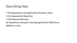 Describing Data
• Find Appropriate Average/Central Tendency Value
• Find Appropriate Dispersion
• Find Skewness/Kurtosis
Do Hypothesis testing for checking significance Differences.
ANOVA Vs t-test
 