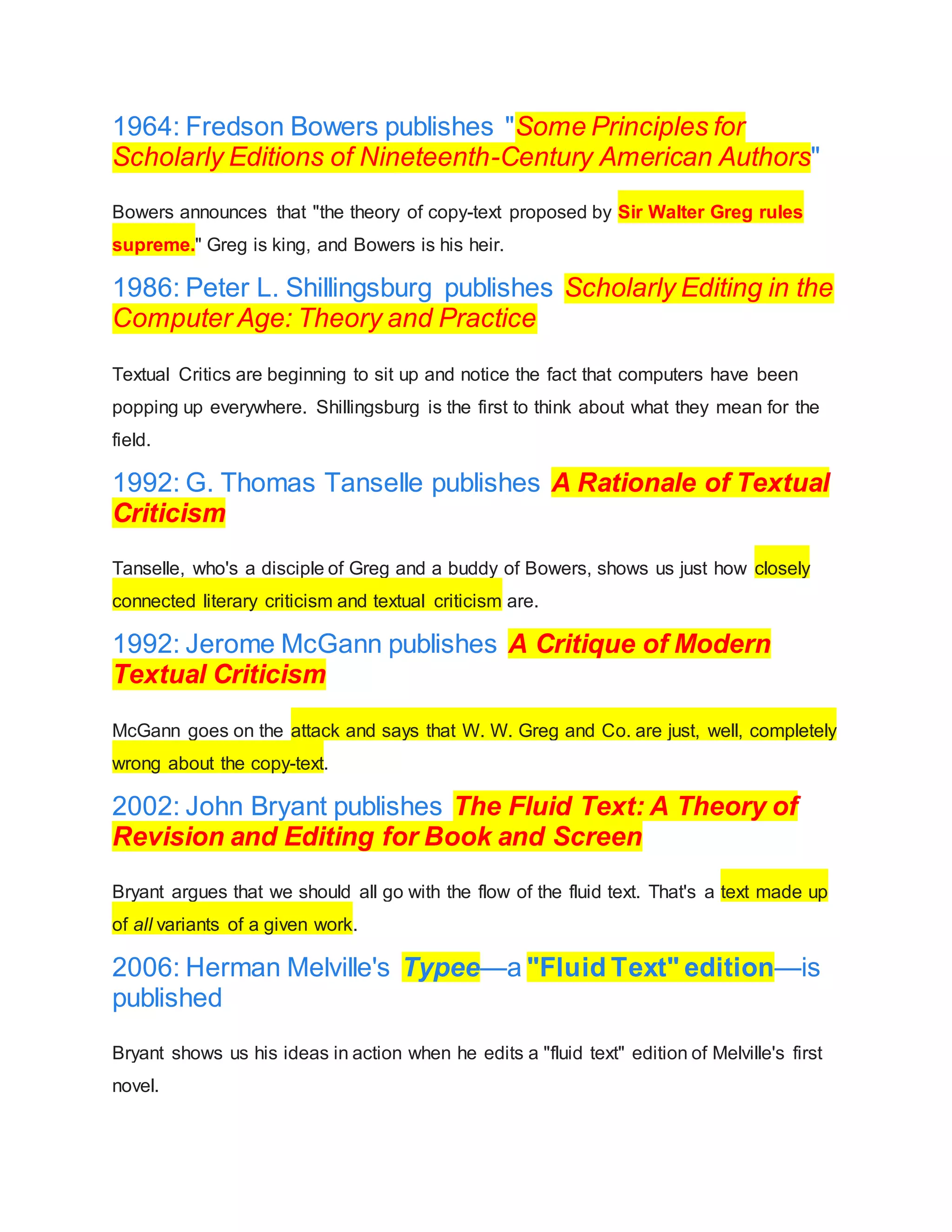 1964: Fredson Bowers publishes "Some Principles for
Scholarly Editions of Nineteenth-Century American Authors"
Bowers announces that "the theory of copy-text proposed by Sir Walter Greg rules
supreme." Greg is king, and Bowers is his heir.
1986: Peter L. Shillingsburg publishes Scholarly Editing in the
Computer Age: Theory and Practice
Textual Critics are beginning to sit up and notice the fact that computers have been
popping up everywhere. Shillingsburg is the first to think about what they mean for the
field.
1992: G. Thomas Tanselle publishes A Rationale of Textual
Criticism
Tanselle, who's a disciple of Greg and a buddy of Bowers, shows us just how closely
connected literary criticism and textual criticism are.
1992: Jerome McGann publishes A Critique of Modern
Textual Criticism
McGann goes on the attack and says that W. W. Greg and Co. are just, well, completely
wrong about the copy-text.
2002: John Bryant publishes The Fluid Text: A Theory of
Revision and Editing for Book and Screen
Bryant argues that we should all go with the flow of the fluid text. That's a text made up
of all variants of a given work.
2006: Herman Melville's Typee—a "Fluid Text" edition—is
published
Bryant shows us his ideas in action when he edits a "fluid text" edition of Melville's first
novel.
 