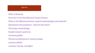 Agenda
What is Research
Overview of the final Research Project Process
What is the difference between research methodologies and methods?
Quantitativeand qualitative –what do they mean?
Choosing a methodology
Sample research questions
Common pitfalls
Ethical considerations of research design
common pitfalls
summery, top tips, and Q&A
 