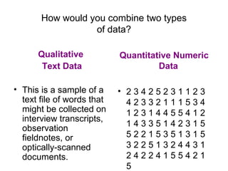 How would you combine two types
of data?
Qualitative
Text Data
• This is a sample of a
text file of words that
might be collected on
interview transcripts,
observation
fieldnotes, or
optically-scanned
documents.
Quantitative Numeric
Data
• 2 3 4 2 5 2 3 1 1 2 3
4 2 3 3 2 1 1 1 5 3 4
1 2 3 1 4 4 5 5 4 1 2
1 4 3 3 5 1 4 2 3 1 5
5 2 2 1 5 3 5 1 3 1 5
3 2 2 5 1 3 2 4 4 3 1
2 4 2 2 4 1 5 5 4 2 1
5
 