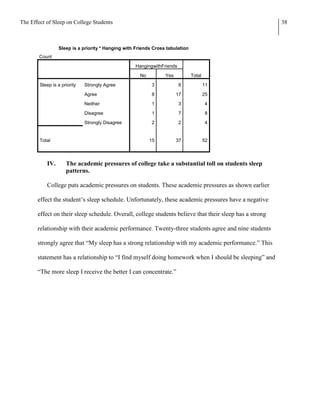 The Effect of Sleep on College Students                                                                  38



                 Sleep is a priority * Hanging with Friends Cross tabulation
        Count

                                                   HangingwithFriends

                                                      No         Yes           Total

        Sleep is a priority   Strongly Agree               3            8              11

                              Agree                        8           17              25

                              Neither                      1            3              4

                              Disagree                     1            7              8

                              Strongly Disagree            2            2              4


        Total                                              15          37              52




           IV.       The academic pressures of college take a substantial toll on students sleep
                     patterns.

           College puts academic pressures on students. These academic pressures as shown earlier

       effect the student’s sleep schedule. Unfortunately, these academic pressures have a negative

       effect on their sleep schedule. Overall, college students believe that their sleep has a strong

       relationship with their academic performance. Twenty-three students agree and nine students

       strongly agree that “My sleep has a strong relationship with my academic performance.” This

       statement has a relationship to “I find myself doing homework when I should be sleeping” and

       “The more sleep I receive the better I can concentrate.”
 