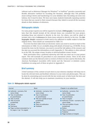software such as Reference Manager for Windows™
or EndNote™
provide a powerful and
flexible alternative method for recording the literature, although they will probably
mean noting it down and transferring it to your database later. Recording can seem very
tedious, but it must be done. We have seen many students frantically repeating searches
for items that are crucial to their research because they failed to record all the necessary
details in their database of references.
Bibliographic details
For some project reports you will be required to include a bibliography. Convention dic-
tates that this should include all the relevant items you consulted for your project,
including those not referred to directly in the text. For others, you will be asked to
include only a list of references for those items referred to directly in the text. The bib-
liographic details contained in both need to be sufficient to enable readers to find the
original items. These details are summarised in Table 3.6.
If an item has been taken from an electronic source you need to record as much of the
information in Table 3.6 as is available along with details of format (e.g. CD-ROM). If you
located the item via the Internet, you need to record the full address of the resource and
the date you accessed the information as well (Appendix 2). This address is often referred
to as the URL, the unique resource location or universal/uniform resource locator.
Most universities have a preferred referencing style that you must use in your project
report. This will normally be prescribed in your assessment criteria. Three of the most
common styles are the Harvard system (a version of which we have used in this book), the
American Psychological Association (APA) System and the Vancouver or footnotes system.
Guidelines on using each of these are given in Appendix 2.
Brief summary
A brief summary of the content of each item in your reference database will help you to
locate the relevant items and facilitate reference to your notes and photocopies. This can
be done by annotating each record with the key words used, to help locate the item and
the abstract. It will also help you to maintain consistency in your searches.
CHAPTER 3 · CRITICALLY REVIEWING THE LITERATURE
90
Table 3.6 Bibliographic details required
Journal Book Chapter in an edited book
■ Author(s) – surname, first ■ Author(s) – surname, first ■ Author(s) – surname, first
■ name initials ■ name initials ■ name initials
■ Year of publication ■ Year of publication ■ Year of publication
■ (in parentheses) ■ (in parentheses) ■ (in parentheses)
■ Title of article ■ Title and subtitle of book ■ Title of chapter
■ Title of journal ■ (underlined) ■ Author(s) of book – surname, first
■ (underlined) ■ Edition ■ name initials
■ Volume ■ Place of publication ■ Title and subtitle of book
■ Part/issue ■ Publisher ■ (underlined)
■ Page numbers (preceded by ‘p.’ ■ Edition
■ for page or ‘pp.’ for pages) ■ Place of publication
■ Publisher
■ Page numbers of chapter
RESM_C03.QXP 3/30/07 6:32 AM Page 90
 