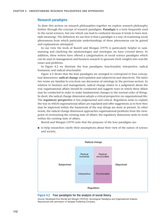 Research paradigms
To draw this section on research philosophies together we explore research philosophy
further through the concept of research paradigms. Paradigm is a term frequently used
in the social sciences, but one which can lead to confusion because it tends to have mul-
tiple meanings. The definition we use here is that a paradigm is a way of examining social
phenomena from which particular understandings of these phenomena can be gained
and explanations attempted.
In our view the work of Burrell and Morgan (1979) is particularly helpful in sum-
marising and clarifying the epistemologies and ontologies we have covered above. In
addition, these writers have offered a categorisation of social science paradigms which
can be used in management and business research to generate fresh insights into real-life
issues and problems.
In Figure 4.2 we illustrate the four paradigms: functionalist; interpretive; radical
humanist; and radical structuralist.
Figure 4.2 shows that the four paradigms are arranged to correspond to four concep-
tual dimensions: radical change and regulation and subjectivist and objectivist. The latter
two terms are familiar to you from our discussion of ontology in the previous section. In
relation to business and management, radical change relates to a judgement about the
way organisational affairs should be conducted and suggests ways in which these affairs
may be conducted in order to make fundamental changes to the normal order of things.
In short, the radical change dimension adopts a critical perspective on organisational life.
The regulatory perspective is less judgemental and critical. Regulation seeks to explain
the way in which organisational affairs are regulated and offer suggestions as to how they
may be improved within the framework of the way things are done at present. In other
words, the radical change dimension approaches organisational problems from the view-
point of overturning the existing state of affairs; the regulatory dimension seeks to work
within the existing state of affairs.
Burrell and Morgan (1979) note that the purposes of the four paradigms are:
■ to help researchers clarify their assumptions about their view of the nature of science
and society;
CHAPTER 4 · UNDERSTANDING RESEARCH PHILOSOPHIES AND APPROACHES
112
Radical change
Regulation
Subjectivist Objectivist
Radical
humanist
Radical
structuralist
Interpretive Functionalist
Figure 4.2 Four paradigms for the analysis of social theory
Source: Developed from Burrell and Morgan (1979:22). Sociological Paradigms and Organisational Analysis.
Reproduced with permission of Ashgate Publishing Company.
RESM_C04.QXP 3/31/07 7:13 AM Page 112
 