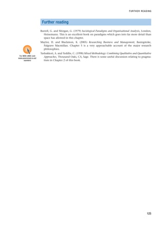 Further reading
Burrell, G. and Morgan, G. (1979) Sociological Paradigms and Organisational Analysis, London,
Heinemann. This is an excellent book on paradigms which goes into far more detail than
space has allowed in this chapter.
Maylor, H. and Blackmon, K. (2005) Researching Business and Management, Basingstoke,
Palgrave Macmillan. Chapter 5 is a very approachable account of the major research
philosophies.
Tashakkori, A. and Teddlie, C. (1998) Mixed Methodology: Combining Qualitative and Quantitative
Approaches, Thousand Oaks, CA, Sage. There is some useful discussion relating to pragma-
tism in Chapter 2 of this book.
FURTHER READING
125
For WEB LINKS visit
www.pearsoned.co.uk/
saunders
RESM_C04.QXP 3/31/07 7:13 AM Page 125
 