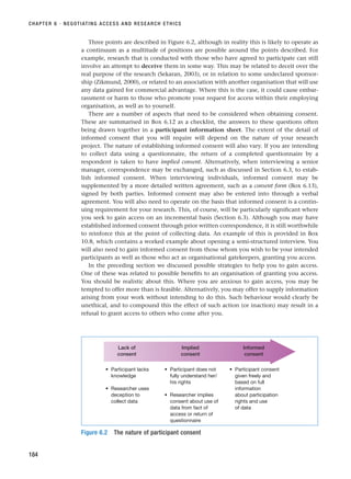 Three points are described in Figure 6.2, although in reality this is likely to operate as
a continuum as a multitude of positions are possible around the points described. For
example, research that is conducted with those who have agreed to participate can still
involve an attempt to deceive them in some way. This may be related to deceit over the
real purpose of the research (Sekaran, 2003), or in relation to some undeclared sponsor-
ship (Zikmund, 2000), or related to an association with another organisation that will use
any data gained for commercial advantage. Where this is the case, it could cause embar-
rassment or harm to those who promote your request for access within their employing
organisation, as well as to yourself.
There are a number of aspects that need to be considered when obtaining consent.
These are summarised in Box 6.12 as a checklist, the answers to these questions often
being drawn together in a participant information sheet. The extent of the detail of
informed consent that you will require will depend on the nature of your research
project. The nature of establishing informed consent will also vary. If you are intending
to collect data using a questionnaire, the return of a completed questionnaire by a
respondent is taken to have implied consent. Alternatively, when interviewing a senior
manager, correspondence may be exchanged, such as discussed in Section 6.3, to estab-
lish informed consent. When interviewing individuals, informed consent may be
supplemented by a more detailed written agreement, such as a consent form (Box 6.13),
signed by both parties. Informed consent may also be entered into through a verbal
agreement. You will also need to operate on the basis that informed consent is a contin-
uing requirement for your research. This, of course, will be particularly significant where
you seek to gain access on an incremental basis (Section 6.3). Although you may have
established informed consent through prior written correspondence, it is still worthwhile
to reinforce this at the point of collecting data. An example of this is provided in Box
10.8, which contains a worked example about opening a semi-structured interview. You
will also need to gain informed consent from those whom you wish to be your intended
participants as well as those who act as organisational gatekeepers, granting you access.
In the preceding section we discussed possible strategies to help you to gain access.
One of these was related to possible benefits to an organisation of granting you access.
You should be realistic about this. Where you are anxious to gain access, you may be
tempted to offer more than is feasible. Alternatively, you may offer to supply information
arising from your work without intending to do this. Such behaviour would clearly be
unethical, and to compound this the effect of such action (or inaction) may result in a
refusal to grant access to others who come after you.
CHAPTER 6 · NEGOTIATING ACCESS AND RESEARCH ETHICS
184
• Participant does not
fully understand her/
his rights
• Researcher implies
consent about use of
data from fact of
access or return of
questionnaire
• Participant lacks
knowledge
• Researcher uses
deception to
collect data
• Participant consent
given freely and
based on full
information
about participation
rights and use
of data
Implied
consent
Lack of
consent
Informed
consent
Figure 6.2 The nature of participant consent
RESM_C06.QXP 4/25/07 3:37 PM Page 184
 