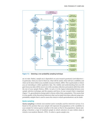 are no rules. Rather, sample size is dependent on your research question(s) and objectives –
in particular, what you need to find out, what will be useful, what will have credibility and
what can be done within your available resources (Patton, 2002). This is particularly so where
you are intending to collect qualitative data. The validity and understanding that you will
gain from your data will be more to do with your data collection and analysis skills than with
the size of your sample (Patton, 2002). As such, it is the logical relationship between your
sample selection technique and the purpose and focus of your research that is important
(Figure 7.5), generalisations being made to theory rather than a population. This means that
it is the quality of the theoretical inferences that can be made from data collected using non-
probability samples that is used to assess the extent to which generalisations can be made.
Quota sampling
Quota sampling is entirely non-random and is normally used for interview surveys. It is
based on the premise that your sample will represent the population as the variability in
your sample for various quota variables is the same as that in the population. Quota sam-
pling is therefore a type of stratified sample in which selection of cases within strata is
entirely non-random (Barnett, 1991). To select a quota sample you:
NON-PROBABILITY SAMPLING
227
Decide to
consider sampling
Is the
purpose just
exploratory?
Can
data be collected
from the entire
population?
Must
statistical
inferences be made
from the
sample?
Must
it be likely
that the sample is
representative?
Are
individual
cases difficult
to identify?
Is the
sample to be
selected very
small?
Are
relevant
quota variables
available?
Is
there little
variation in the
population?
Is
a suitable
sampling frame
available?
There is no
need to sample
Use
self-selection
sampling
Use snowball
sampling
Focus on
unusual/special:
use extreme
case sampling
Use convenience
sampling
Use quota
sampling
Use probability
sampling
Yes
Yes
Yes
Yes
No
No
No
No
No
No
Yes
Revisit
questions
above
Use purposive
sampling with an
appropriate focus
Uncertain that
sample will be
representative
Focus on
key themes: use
heterogeneous
sampling
Focus on
in-depth: use
homogeneous
sampling
Focus on
importance of
case: use critical
case sampling
Focus on
illustrative: use
typical case
sampling
No
No
No
Yes
Yes
Yes
Yes
Figure 7.5 Selecting a non-probability sampling technique
RESM_C07.QXP 3/30/07 6:43 AM Page 227
 