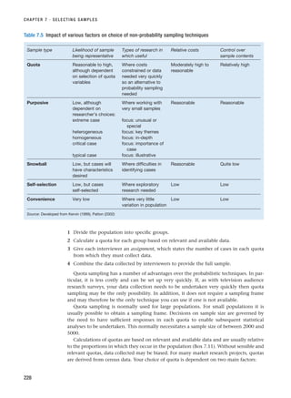 1 Divide the population into specific groups.
2 Calculate a quota for each group based on relevant and available data.
3 Give each interviewer an assignment, which states the number of cases in each quota
from which they must collect data.
4 Combine the data collected by interviewers to provide the full sample.
Quota sampling has a number of advantages over the probabilistic techniques. In par-
ticular, it is less costly and can be set up very quickly. If, as with television audience
research surveys, your data collection needs to be undertaken very quickly then quota
sampling may be the only possibility. In addition, it does not require a sampling frame
and may therefore be the only technique you can use if one is not available.
Quota sampling is normally used for large populations. For small populations it is
usually possible to obtain a sampling frame. Decisions on sample size are governed by
the need to have sufficient responses in each quota to enable subsequent statistical
analyses to be undertaken. This normally necessitates a sample size of between 2000 and
5000.
Calculations of quotas are based on relevant and available data and are usually relative
to the proportions in which they occur in the population (Box 7.11). Without sensible and
relevant quotas, data collected may be biased. For many market research projects, quotas
are derived from census data. Your choice of quota is dependent on two main factors:
CHAPTER 7 · SELECTING SAMPLES
228
Table 7.5 Impact of various factors on choice of non-probability sampling techniques
Sample type Likelihood of sample Types of research in Relative costs Control over
being representative which useful sample contents
Quota Reasonable to high, Where costs Moderately high to Relatively high
although dependent constrained or data reasonable
on selection of quota needed very quickly
variables so an alternative to
probability sampling
needed
Purposive Low, although Where working with Reasonable Reasonable
dependent on very small samples
researcher’s choices:
extreme case focus: unusual or
special
heterogeneous focus: key themes
homogeneous focus: in-depth
critical case focus: importance of
case
typical case focus: illustrative
Snowball Low, but cases will Where difficulties in Reasonable Quite low
have characteristics identifying cases
desired
Self-selection Low, but cases Where exploratory Low Low
self-selected research needed
Convenience Very low Where very little Low Low
variation in population
Source: Developed from Kervin (1999), Patton (2002)
RESM_C07.QXP 3/30/07 6:43 AM Page 228
 