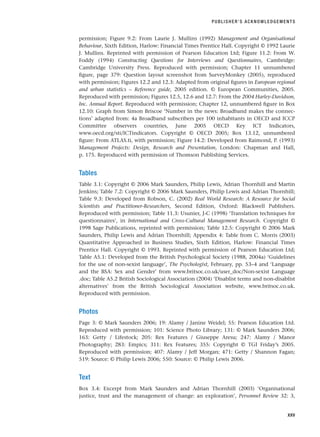 permission; Figure 9.2: From Laurie J. Mullins (1992) Management and Organisational
Behaviour, Sixth Edition, Harlow: Financial Times Prentice Hall. Copyright © 1992 Laurie
J. Mullins. Reprinted with permission of Pearson Education Ltd; Figure 11.2: From W.
Foddy (1994) Constructing Questions for Interviews and Questionnaires, Cambridge:
Cambridge University Press. Reproduced with permission; Chapter 11 unnumbered
figure, page 379: Question layout screenshot from SurveyMonkey (2005), reproduced
with permission; Figures 12.2 and 12.3: Adapted from original figures in European regional
and urban statistics – Reference guide, 2005 edition. © European Communities, 2005.
Reproduced with permission; Figures 12.5, 12.6 and 12.7: From the 2004 Harley-Davidson,
Inc. Annual Report. Reproduced with permission; Chapter 12, unnumbered figure in Box
12.10: Graph from Simon Briscoe ‘Number in the news: Broadband makes the connec-
tions’ adapted from: 4a Broadband subscribers per 100 inhabitants in OECD and ICCP
Committee observers countries, June 2005 OECD Key ICT Indicators,
www.oecd.org/sti/ICTindicators. Copyright © OECD 2005; Box 13.12, unnumbered
figure: From ATLAS.ti, with permission; Figure 14.2: Developed from Raimond, P. (1993)
Management Projects: Design, Research and Presentation, London: Chapman and Hall,
p. 175. Reproduced with permission of Thomson Publishing Services.
Tables
Table 3.1: Copyright © 2006 Mark Saunders, Philip Lewis, Adrian Thornhill and Martin
Jenkins; Table 7.2: Copyright © 2006 Mark Saunders, Philip Lewis and Adrian Thornhill;
Table 9.3: Developed from Robson, C. (2002) Real World Research: A Resource for Social
Scientists and Practitioner-Researchers, Second Edition, Oxford: Blackwell Publishers.
Reproduced with permission; Table 11.3: Usunier, J-C (1998) ‘Translation techniques for
questionnaires’, in International and Cross-Cultural Management Research. Copyright ©
1998 Sage Publications, reprinted with permission; Table 12.5: Copyright © 2006 Mark
Saunders, Philip Lewis and Adrian Thornhill; Appendix 4: Table from C. Morris (2003)
Quantitative Approached in Business Studies, Sixth Edition, Harlow: Financial Times
Prentice Hall. Copyright © 1993. Reprinted with permission of Pearson Education Ltd;
Table A5.1: Developed from the British Psychological Society (1988, 2004a) ‘Guidelines
for the use of non-sexist language’, The Psychologist, February, pp. 53–4 and ‘Language
and the BSA: Sex and Gender’ from www.britsoc.co.uk/user_doc/Non-sexist Language
.doc; Table A5.2 British Sociological Association (2004) ‘Disablist terms and non-disablist
alternatives’ from the British Sociological Association website, www.britsoc.co.uk.
Reproduced with permission.
Photos
Page 3: © Mark Saunders 2006; 19: Alamy / Janine Weidel; 55: Pearson Education Ltd.
Reproduced with permission; 101: Science Photo Library; 131: © Mark Saunders 2006;
163: Getty / Lifestock; 205: Rex Features / Giuseppe Aresu; 247: Alamy / Manor
Photography; 283: Empics; 311: Rex Features; 355: Copyright © TGI Friday’s 2005.
Reproduced with permission; 407: Alamy / Jeff Morgan; 471: Getty / Shannon Fagan;
519: Source: © Philip Lewis 2006; 550: Source: © Philip Lewis 2006.
Text
Box 3.4: Excerpt from Mark Saunders and Adrian Thornhill (2003) ‘Organisational
justice, trust and the management of change: an exploration’, Personnel Review 32: 3,
PUBLISHER’S ACKNOWLEDGEMENTS
xxv
RESM_A01.QXP 9/29/07 9:29 AM Page xxv
 