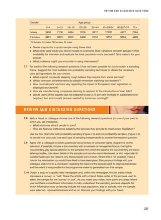 REVIEW AND DISCUSSION QUESTIONS
237
Gender Age group
0–4 5–15 16–19 20–29 30–44 45–59/64* 60/65#
–74 75⫹
Males 3498 7106 4884 7656 9812 12892 4972 2684
Females 3461 6923 6952 9460 8152 9152 9284 4488
*59 females, 64 males; #60 females, 65 males
a Devise a quota for a quota sample using these data.
b What other data would you like to include to overcome likely variations between groups in their
availability for interview and replicate the total population more precisely? Give reasons for your
answer.
c What problems might you encounter in using interviewers?
7.7 For each of the following research questions it has not been possible for you to obtain a sampling
frame. Suggest the most suitable non-probability sampling technique to obtain the necessary
data, giving reasons for your choice.
a What support do people sleeping rough believe they require from social services?
b Which television advertisements do people remember watching last weekend?
c How do employers’ opinions vary regarding the impact of European Union legislation on
employee recruitment?
d How are manufacturing companies planning to respond to the introduction of road tolls?
e Would users of the squash club be prepared to pay a 10 per cent increase in subscriptions to
help fund two extra courts (answer needed by tomorrow morning!)?
7.8 With a friend or colleague choose one of the following research questions (or one of your own) in
which you are interested.
– What attributes attract people to jobs?
– How are financial institutions adapting the services they provide to meet recent legislation?
Use the flow charts for both probability sampling (Figure 7.3) and non-probability sampling (Figure 7.5)
to decide how you could use each type of sampling independently to answer the research question.
7.9 Agree with a colleague to watch a particular documentary or consumer rights programme on the
television. If possible, choose a documentary with a business or management focus. During the
documentary, pay special attention to the samples from which the data for the documentary are drawn.
Where possible, note down details of the sample such as who were interviewed, or who responded to
questionnaires and the reasons why these people were chosen. Where this is not possible, make a
note of the information you would have liked to have been given. Discuss your findings with your
colleague and come to a conclusion regarding the nature of the sample used, its representativeness
and the extent it was possible for the programme maker to generalise from that sample.
7.10 Obtain a copy of a quality daily newspaper and, within the newspaper, find an article which
discusses a ‘survey’ or ‘poll’. Share the article with a friend. Make notes of the process used to
select the sample for the ‘survey’ or ‘poll’. As you make your notes, note down any areas where
you feel there is insufficient information to fully understand the sampling process. Aspects for
which information may be lacking include the total population, size of sample, how the sample
were selected, representativeness and so on. Discuss your findings with your friend.
REVIEW AND DISCUSSION QUESTIONS
RESM_C07.QXP 3/30/07 6:43 AM Page 237
 