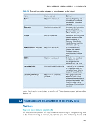 tation that describes how the data were collected. This evaluation process is discussed in
Section 8.5.
8.4 Advantages and disadvantages of secondary data
Advantages
May have fewer resource requirements
For many research questions and objectives the main advantage of using secondary data
is the enormous saving in resources, in particular your time and money (Ghauri and
ADVANTAGES AND DISADVANTAGES OF SECONDARY DATA
257
Table 8.2 Selected information gateways to secondary data on the Internet
Name Internet address Comment
Biz/ed http://www.bized.ac.uk Gateway for primary and
secondary business and
management information.
UK focus
Directgov http://www.direct.gov.uk/ UK government information
service with links to
government departments,
official statistics, etc.
Europa http://europa.eu.int Information (including press
releases, legislation, fact
sheets) published by
European Union. Links
include Eurostat statistics
information gateway
RBA Information Services http://www.rba.co.uk/ Business information
gateway with links to
business, statistical,
government and country
sites
SOSIG http://www.sosig.ac.uk Evaluates and describes
social science sites
including those with
statistical data. UK focus
UK Data Archive http://www.data-archive.ac.uk Collection of UK digital data
in the social science and
humanities fields. Links to
data archives worldwide
University of Michigan http://www.lib.umich.edu/ Although predominantly
govdocs/ American in focus, has
excellent annotated links to
international agencies, non-
American governments’
websites and their statistical
agencies
RESM_C08.QXP 3/30/07 6:46 AM Page 257
 