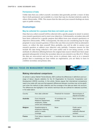 Permanence of data
Unlike data that you collect yourself, secondary data generally provide a source of data
that is both permanent and available in a form that may be checked relatively easily by
others (Denscombe, 1998). This means that the data and your research findings are more
open to public scrutiny.
Disadvantages
May be collected for a purpose that does not match your need
Data that you collect yourself will be collected with a specific purpose in mind: to answer
your research question(s) and to meet your objectives. Unfortunately, secondary data will
have been collected for a specific purpose that differs from your research question(s) or
objectives (Denscombe, 1998). Consequently, the data you are considering may be inap-
propriate to your research question. If this is the case then you need to find an alternative
source, or collect the data yourself! More probably, you will be able to answer your
research question or address your objective only partially. Common reasons for this
include the data being collected a few years earlier and so not being current, or the
methods of collection differing between the original data sources which have been amal-
gamated subsequently to form the secondary data set you intend to use (Box 8.5). Where
the data are non-current and you have access to primary data, such as in a research
project that is examining an issue within an organisation, you are likely to have to
combine secondary and primary data.
CHAPTER 8 · USING SECONDARY DATA
260
Making international comparisons
An article in Labour Market Trends (Davies, 2001) outlines the differences in definitions and cov-
erage of labour dispute statistics for the 23 Organisation for Economic Cooperation and
Development (OECD) countries. In this article, Davies argues that international comparisons
need to be made with care and that apparent differences between countries may not be signifi-
cant when the method of data collection and the coverage of the data are taken into account.
The differences she highlights in her article’s technical note are outlined for selected countries
in the table below:
Country How data collected Threshold for inclusion Sectors/types of
dispute excluded
Australia From Industrial 10 workdays not None mentioned
Relations Department, worked
employers, trades
unions and newspapers
Belgium Questionnaires to None Public sector
employers following stoppages,
police or media indirectly affected
coverage workers
France From labour inspectors’ 1 workday not worked None mentioned
reports
BOX 8.5 FOCUS ON MANAGEMENT RESEARCH
RESM_C08.QXP 3/30/07 6:46 AM Page 260
 