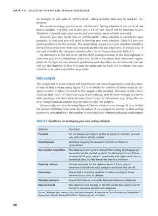 an example of just such an ‘off-the-shelf’ coding schedule that may be used for this
purpose.
We would encourage you to use an ‘off-the-shelf’ coding schedule if you can find one
that is suitable. Not only will it save you a lot of time, but it will be tried and tested.
Therefore it should make your results and conclusions more reliable and valid.
However, you may decide that no ‘off-the-shelf’ coding schedule is suitable for your
purposes. In this case you will need to develop your own schedule. Table 9.3 contains
useful guidelines for this activity. The observation categories in your schedule should be
devised to be consistent with your research question(s) and objectives. To ensure ease of
use and reliability the categories should reflect the attributes shown in Table 9.3.
An alternative to the use of an ‘off-the-shelf’ coding schedule or the development of
your own may be a combination of the two. If this is the option that seems most appro-
priate in the light of your research question(s) and objectives, we recommend that you
still use the checklist in Box 9.10 and the guidelines in Table 9.3 to ensure that your
schedule is as valid and reliable as possible.
Data analysis
The complexity of your analysis will depend on your research question(s) and objectives.
It may be that you are using Figure 9.2 to establish the number of interactions by cat-
egory in order to relate the result to the output of the meeting. This may enable you to
conclude that ‘positive’ behaviours (e.g. brainstorming) may be more strongly associated
with meetings that make clear decisions than ‘negative’ behaviours (e.g. being obstruc-
tive). Simple manual analysis may be sufficient for this purpose.
Alternatively, you may be using Figure 9.2 to see what patterns emerge. It may be that
the amount of interactions varies by the nature of the group or its activity, or that seating
position is associated with the number of contributions. Patterns reflecting relationships
CHAPTER 9 · COLLECTING PRIMARY DATA THROUGH OBSERVATION
300
Table 9.3 Guidelines for developing your own coding schedule
Attribute Comment
Focused Do not observe and record all that is going on. Concern yourself
only with what is strictly relevant
Unambiguous Therefore requiring the absolute minimum of observer
interpretation
Non-context dependent The observer’s job is more difficult if the coding of behaviours is
dependent on the context in which the behaviour occurs. It may
be essential for your research question(s) and objectives to record
contextual data, but this should be kept to a minimum
Explicitly defined Provide examples for the observer (even if this is you) of
behaviours that fall into each category and those that do not
Exhaustive Ensure that it is always possible to make a coding for those
behaviours you wish to observe
Mutually exclusive Ensure that there is no overlap between behaviour categories
Easy to record The observer must be able to tick the correct box quickly without
having to memorise appropriate categories
Source: Developed from Robson (2002) Real World Research: A Resource for Social Scientists and Practitioner –
Researchers, 2nd edn, Blackwell Publishing. Reproduced with permission.
RESM_C09.QXP 10/3/07 11:04 AM Page 300
 