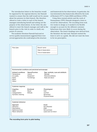 The introduction letters to the branches would
be organised by the regional director, but Hannah
wanted to ensure that the staff would not be uneasy
about her presence in their branch. She therefore
offered to write a letter to each of the branch
managers introducing herself and setting out the
purpose of the observations. In her letter she also
offered to meet the branch manager and staff at the
branch prior to the visit in order to clarify any
points of concern.
The academic literature Hannah had read on
service quality measurement suggested there were
several approaches she could adopt as the structure
and framework for her observations. In particular, she
was interested in the frameworks offered by the work
of Shostack (1977), Clark (2002) and Bitner (1992).
Using these journal articles and the work of
Parasuraman (1995) Hannah designed a form to
record her observations. The recording form took
two weeks to design as it needed to be flexible
enough to account for the different customer
behaviours that were likely to occur during the
observation. The form’s headings were derived from
the literature she had read. Hannah wanted the
form to serve as a guide. She did not want the form
to be too prescriptive.
CASE 9
307
Floor plan: Branch name:
Date of observation:
Time of observation:
Environmental conditions and perceived servicescape
Ambient conditions Space/Function Sign, symbols, cues and artefacts
Temperature Layout Signage
Air quality Equipment Personal artefacts
Noise Furnishings Style and decor
Music
Odour
Customer response
Cognitive Emotional Physiological
Belief Mood Pain
Categorisation Attitude Comfort
Symbolic meaning Movement
Physical fitness
Customer behaviour
Approach Avoid
Attraction Not attracted
Stay/explore Walk
Spend purchase Not purchase
Return attraction Leave and not return
The recording form prior to pilot testing
RESM_C09.QXP 10/3/07 11:04 AM Page 307
 