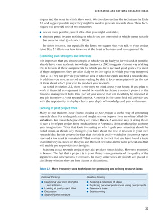 niques and the ways in which they work. We therefore outline the techniques in Table
2.1 and suggest possible ways they might be used to generate research ideas. These tech-
niques will generate one of two outcomes:
■ one or more possible project ideas that you might undertake;
■ absolute panic because nothing in which you are interested or which seems suitable
has come to mind (Jankowicz, 2005).
In either instance, but especially the latter, we suggest that you talk to your project
tutor. Box 2.3 illustrates how ideas are at the heart of business and management life.
Examining own strengths and interests
It is important that you choose a topic in which you are likely to do well and, if possible,
already have some academic knowledge. Jankowicz (2005) suggests that one way of doing
this is to look at those assignments for which you have received good grades. For most
of these assignments they are also likely to be the topics in which you were interested
(Box 2.1). They will provide you with an area in which to search and find a research idea.
In addition you may, as part of your reading, be able to focus more precisely on the sort
of ideas about which you wish to conduct your research.
As noted in Section 2.2, there is the need to think about your future. If you plan to
work in financial management it would be sensible to choose a research project in the
financial management field. One part of your course that will inevitably be discussed at
any job interview is your research project. A project in the same field will provide you
with the opportunity to display clearly your depth of knowledge and your enthusiasm.
Looking at past project titles
Many of our students have found looking at past projects a useful way of generating
research ideas. For undergraduate and taught masters degrees these are often called dis-
sertations. For research degrees they are termed theses. A common way of doing this is
to scan a list of past project titles (such as those in Appendix 1) for anything that captures
your imagination. Titles that look interesting or which grab your attention should be
noted down, as should any thoughts you have about the title in relation to your own
research idea. In this process the fact that the title is poorly worded or the project report
received a low mark is immaterial. What matters is the fact that you have found a topic
that interests you. Based on this you can think of new ideas in the same general area that
will enable you to provide fresh insights.
Scanning actual research projects may also produce research ideas. However, you need
to beware. The fact that a project is in your library is no guarantee of the quality of the
arguments and observations it contains. In many universities all projects are placed in
the library whether they are bare passes or distinctions.
GENERATING AND REFINING RESEARCH IDEAS
23
Table 2.1 More frequently used techniques for generating and refining research ideas
Rational thinking Creative thinking
■ Examining your own strengths ■ Keeping a notebook of ideas
and interests ■ Exploring personal preferences using past projects
■ Looking at past project titles ■ Relevance trees
■ Discussion ■ Brainstorming
■ Searching the literature
RESM_C02.QXP 3/31/07 7:08 AM Page 23
 