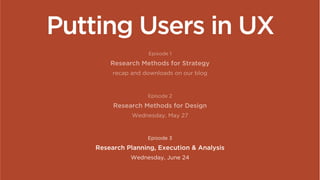  	
  
Putting Users in UX
Episode 1
Research Methods for Strategy
recap and downloads on our blog
Episode 2
Research Methods for Design
Wednesday, May 27
Episode 3
Research Planning, Execution & Analysis
Wednesday, June 24
 