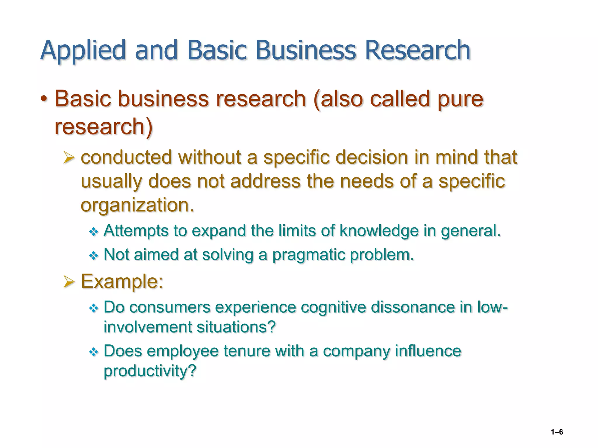 1–6
Applied and Basic Business Research
• Basic business research (also called pure
research)
 conducted without a specific decision in mind that
usually does not address the needs of a specific
organization.
 Attempts to expand the limits of knowledge in general.
 Not aimed at solving a pragmatic problem.
 Example:
 Do consumers experience cognitive dissonance in low-
involvement situations?
 Does employee tenure with a company influence
productivity?
 