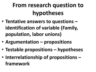 From research question to
hypotheses
• Tentative answers to questions –
identification of variable (Family,
population, labor unions)
• Argumentation – propositions
• Testable propositions – hypotheses
• Interrelationship of propositions –
framework

 