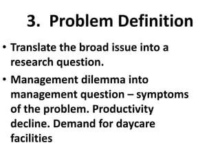 3. Problem Definition
• Translate the broad issue into a
research question.
• Management dilemma into
management question – symptoms
of the problem. Productivity
decline. Demand for daycare
facilities

 