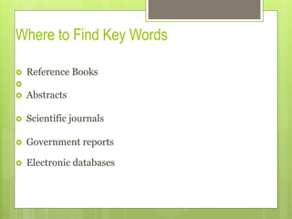 Where to Find Key Words
›  Reference Books
› 
›  Abstracts
›  Scientific journals
›  Government reports
›  Electronic databases
 