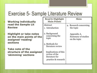 Exercise 5- Sample Literature Review
›  Working individually
read the Sample Lit
Review
›  Highlight or take notes
on the main points of the
assigned ‘reading’
sections
›  Take note of the
structure of the assigned
‘skimming’ sections
Read & Highlight
Main Points
Skim
Abstract
1. Introduction
2. Background
concerning the
topic
3. Methods for
literature review
Implications of this
review of the
literature for
practice & research
4. Research concerning
the topic
Appendix A.
Summary of studies
on the topic	

 