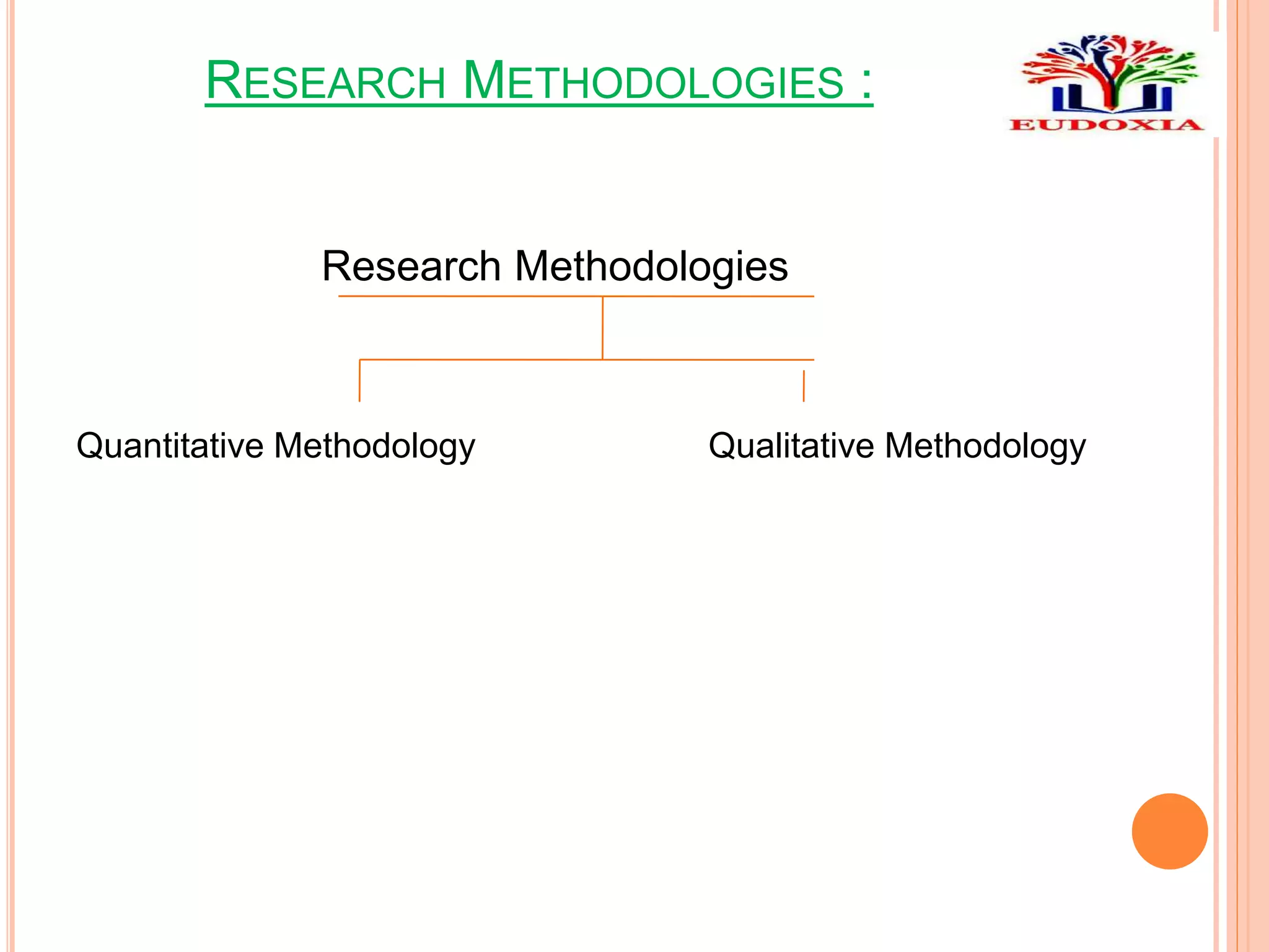 RESEARCH METHODOLOGIES :
Research Methodologies
Quantitative Methodology Qualitative Methodology
 