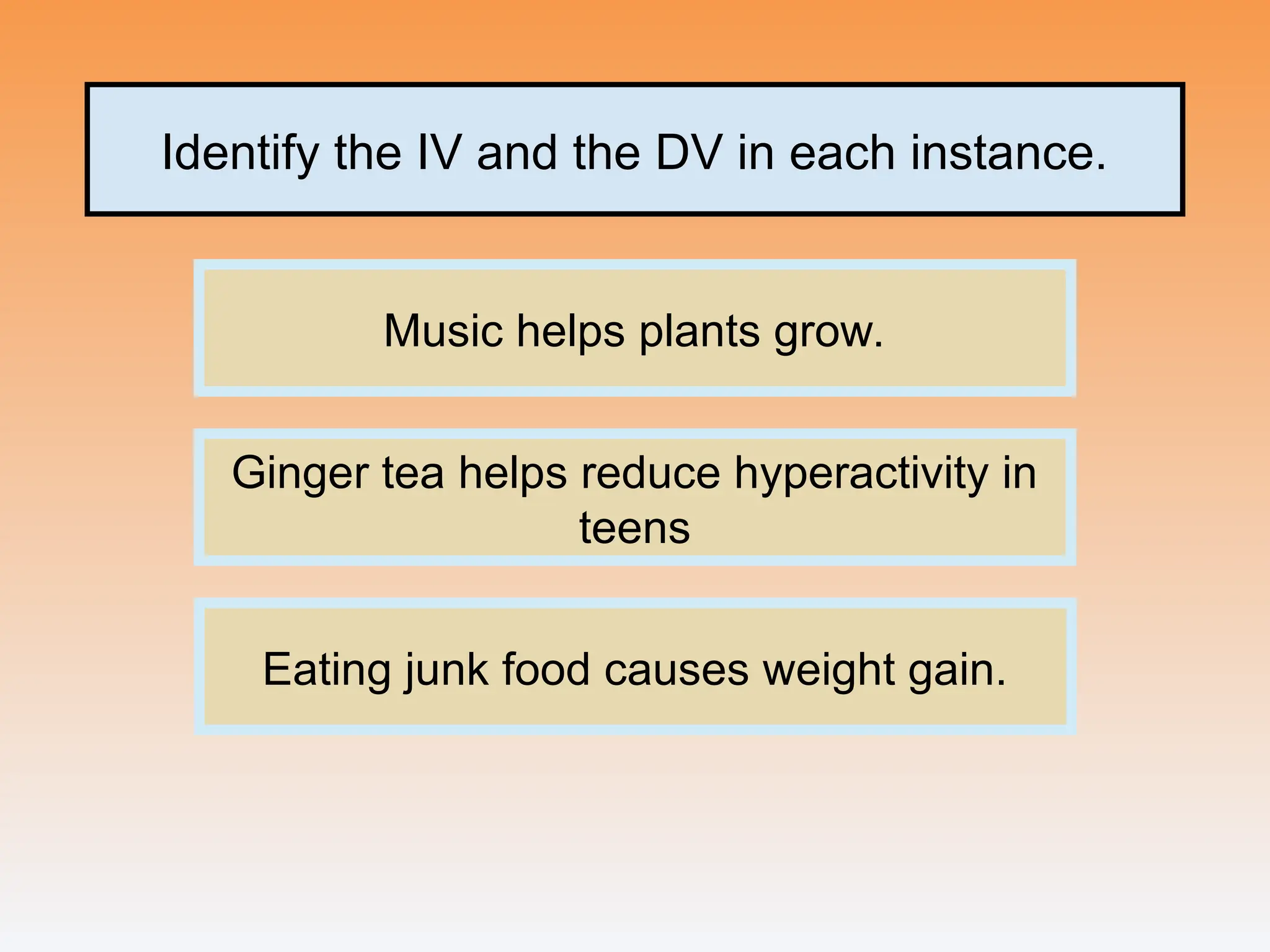 Identify the IV and the DV in each instance.
Music helps plants grow.
Ginger tea helps reduce hyperactivity in
teens
Eating junk food causes weight gain.
 
