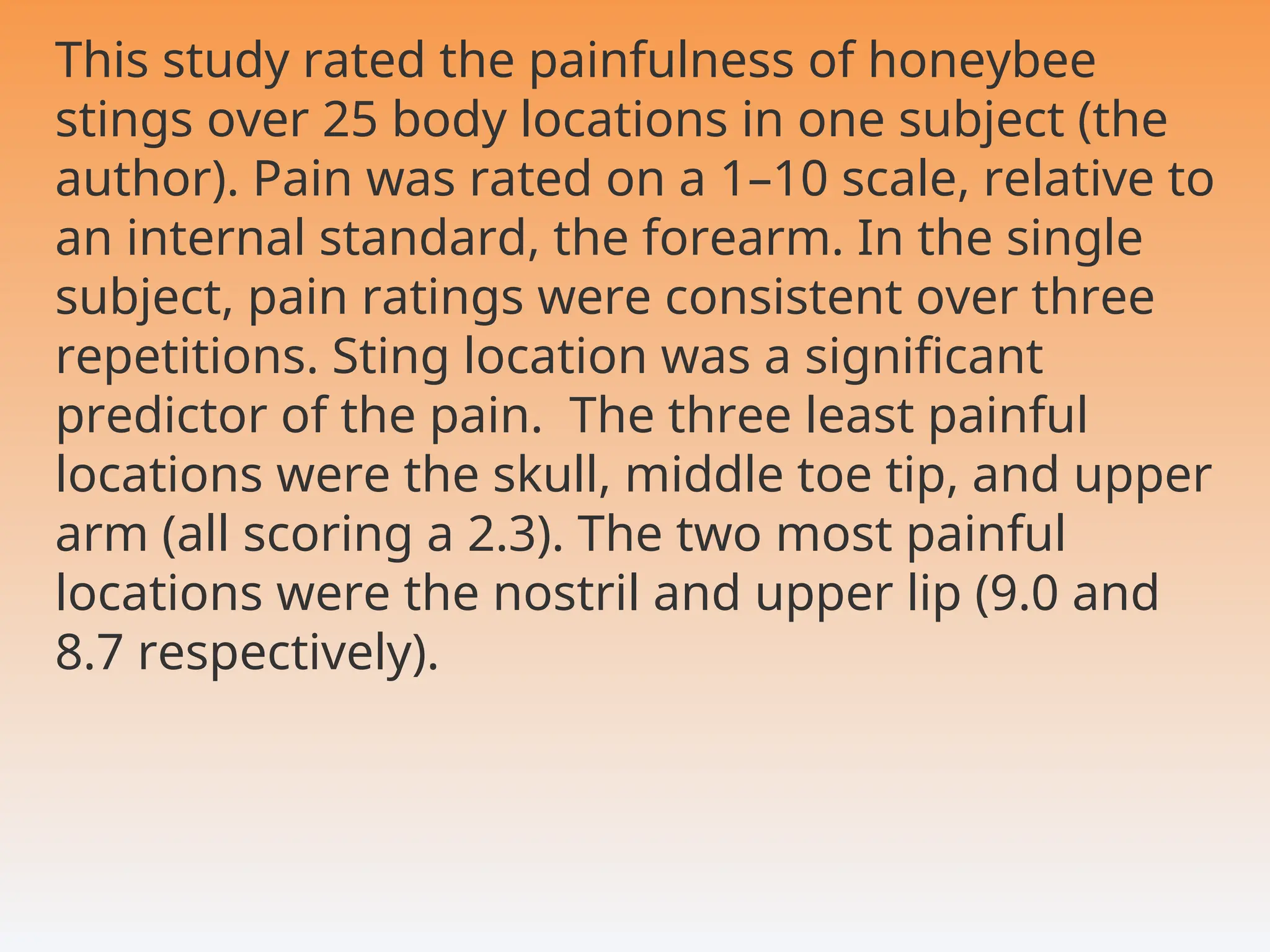 This study rated the painfulness of honeybee
stings over 25 body locations in one subject (the
author). Pain was rated on a 1–10 scale, relative to
an internal standard, the forearm. In the single
subject, pain ratings were consistent over three
repetitions. Sting location was a significant
predictor of the pain. The three least painful
locations were the skull, middle toe tip, and upper
arm (all scoring a 2.3). The two most painful
locations were the nostril and upper lip (9.0 and
8.7 respectively).
 
