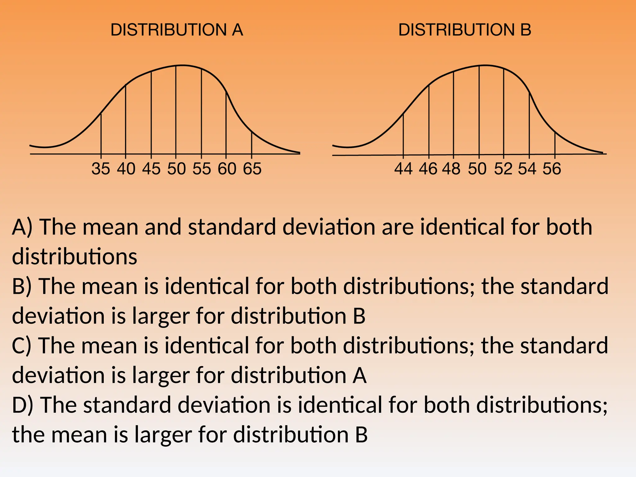 A) The mean and standard deviation are identical for both
distributions
B) The mean is identical for both distributions; the standard
deviation is larger for distribution B
C) The mean is identical for both distributions; the standard
deviation is larger for distribution A
D) The standard deviation is identical for both distributions;
the mean is larger for distribution B
 