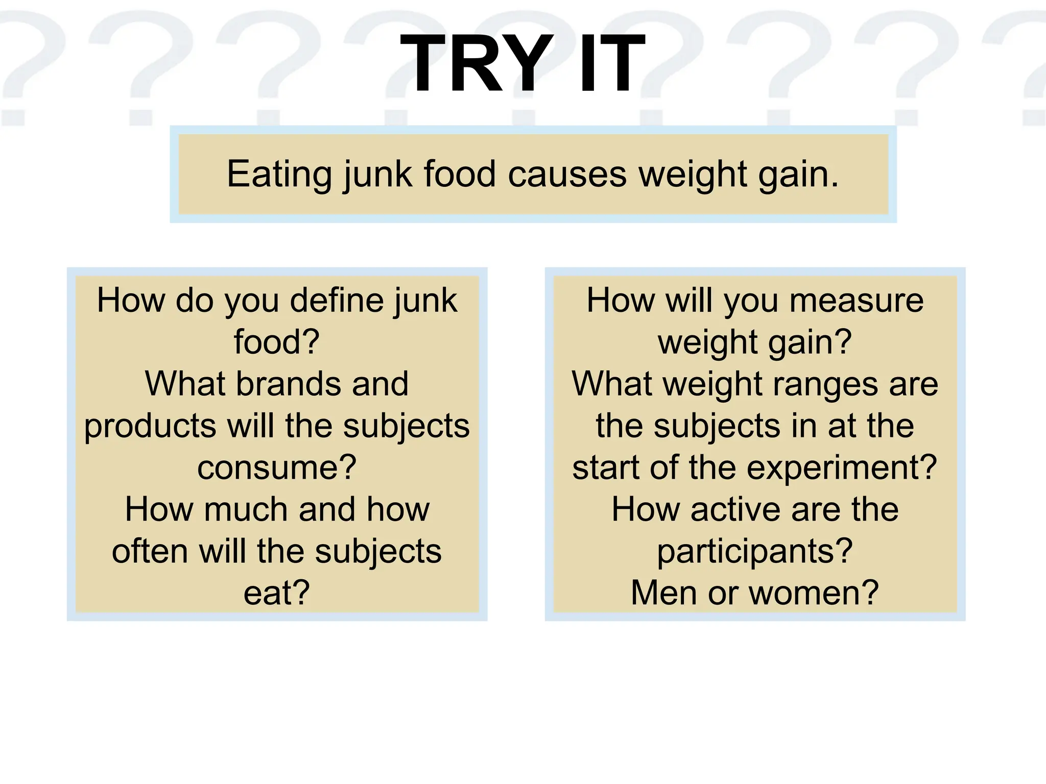 TRY IT
Eating junk food causes weight gain.
How do you define junk
food?
What brands and
products will the subjects
consume?
How much and how
often will the subjects
eat?
How will you measure
weight gain?
What weight ranges are
the subjects in at the
start of the experiment?
How active are the
participants?
Men or women?
 