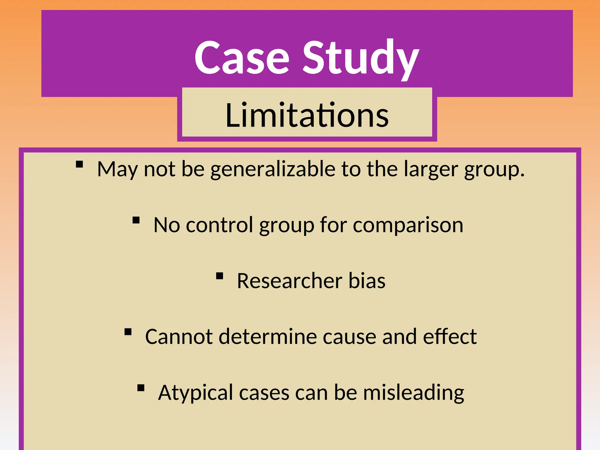 Case Study
Limitations
 May not be generalizable to the larger group.
 No control group for comparison
 Researcher bias
 Cannot determine cause and effect
 Atypical cases can be misleading
 