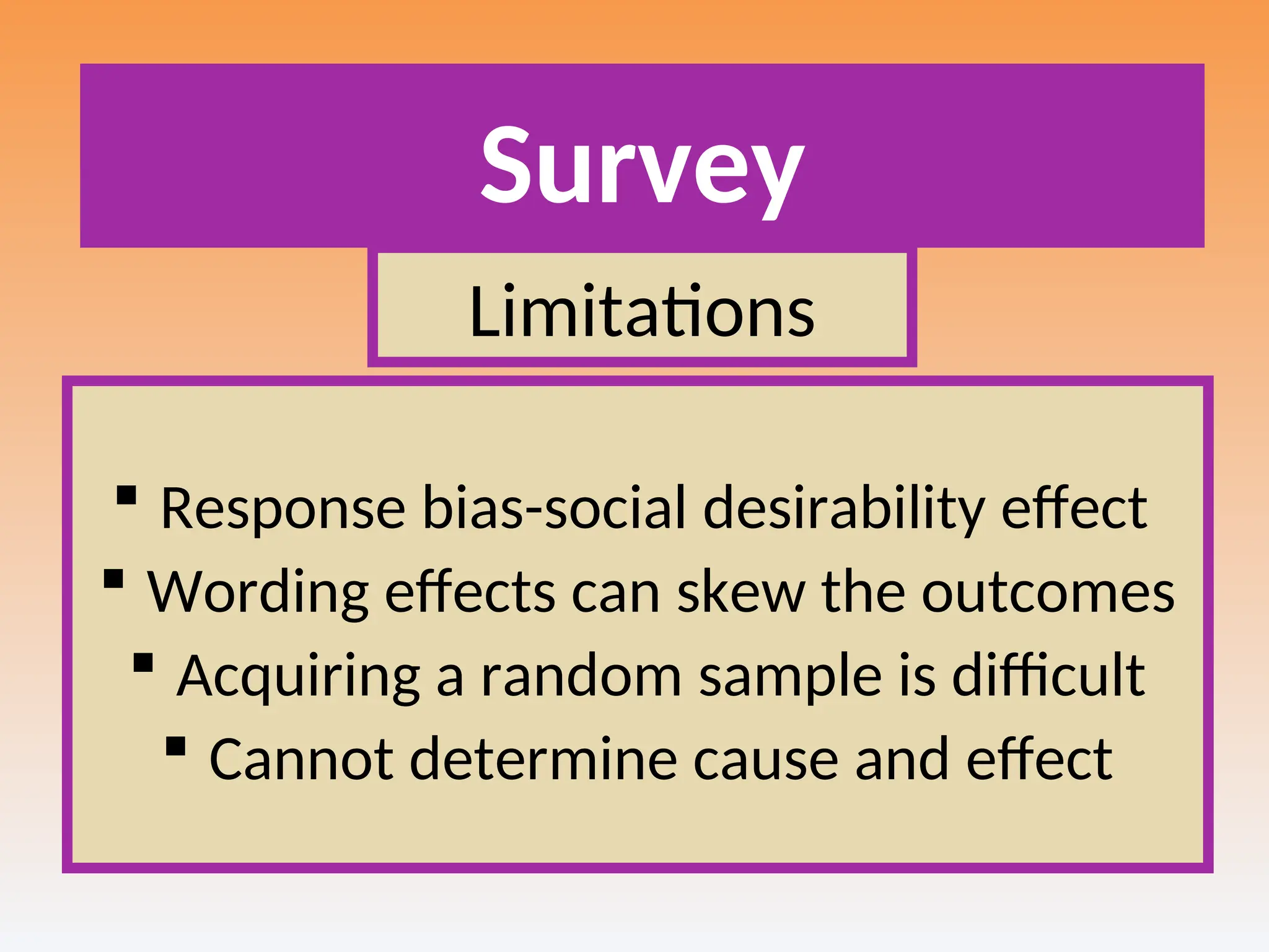 Survey
Limitations
 Response bias-social desirability effect
 Wording effects can skew the outcomes
 Acquiring a random sample is difficult
 Cannot determine cause and effect
 