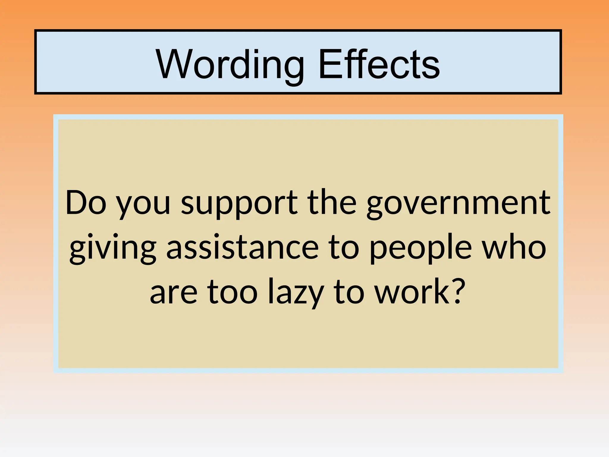 Wording Effects
Do you support the government
giving assistance to people who
are too lazy to work?
 