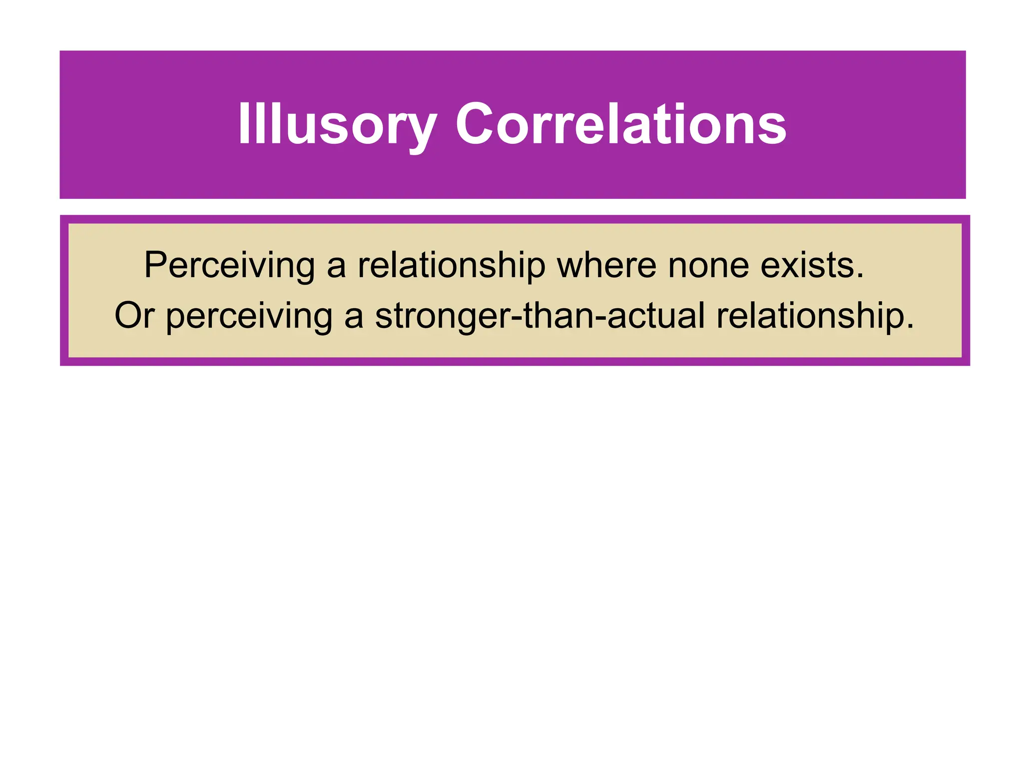 Illusory Correlations
Perceiving a relationship where none exists.
Or perceiving a stronger-than-actual relationship.
 