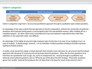 © Edge Hill University 2013
Cohen’s categories:
Cohen’s categories range from a structured quantitative approach through to qualitative open ended questions.
An advantage of the open ended informal approach is that the respondent, without the constraints of particular
questions and responses being posed, is encouraged to give rich and detailed answers, often ambling off on a
complete tangent. On other other hand, inconsistencies may arise between respondents that make data
collection in any systematic order very difficult.
An advantage of the highly structured single response type of interview is its ease of use, leading in turn to
ease of analysis. A disadvantage, however, is in its limitation: limited questions leading to limited responses
leading to limited analysis.
In reality, most researchers adopt a mixed approach that includes some elements of a structured and formalised
approach with elements of unstructured and perhaps informal questions. Often the first few questions of an
interview are quantitative such as age, sex, years in employment etc., moving through to qualitative and
informal conversational questions such as ‘What do you think about the KS3 strategy’. These later questions
garner the ‘quality’ material that produces the rich data that is the basis for much study at level 6 and 7.
Structured Semi-structured Unstructured
Closed
quantitative
interview
Standardised open-
ended interview
Informal
conversation
Interview guide
approach
 