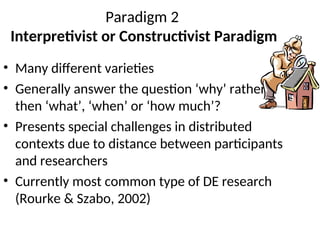 Paradigm 2
Interpretivist or Constructivist Paradigm
• Many different varieties
• Generally answer the question ‘why’ rather
then ‘what’, ‘when’ or ‘how much’?
• Presents special challenges in distributed
contexts due to distance between participants
and researchers
• Currently most common type of DE research
(Rourke & Szabo, 2002)
 