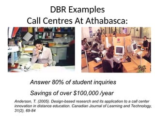 DBR Examples
Call Centres At Athabasca:
•
•
Answer 80% of student inquiries
Savings of over $100,000 /year
Anderson, T. (2005). Design-based research and its application to a call center
innovation in distance education. Canadian Journal of Learning and Technology,
31(2), 69-84
 