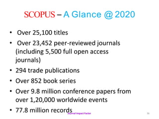 SCOPUS – A Glance @ 2020
Journal Impact Factor 36
• Over 25,100 titles
• Over 23,452 peer-reviewed journals
(including 5,500 full open access
journals)
• 294 trade publications
• Over 852 book series
• Over 9.8 million conference papers from
over 1,20,000 worldwide events
• 77.8 million records
 