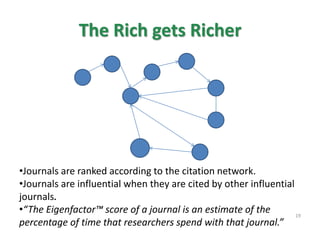 The Rich gets Richer
•Journals are ranked according to the citation network.
•Journals are influential when they are cited by other influential
journals.
•“The Eigenfactor™ score of a journal is an estimate of the
percentage of time that researchers spend with that journal.”
19
 