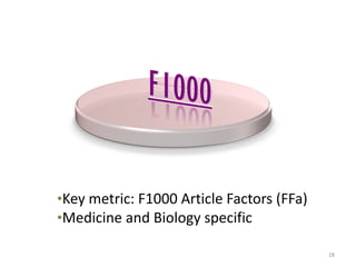 •Key metric: F1000 Article Factors (FFa)
•Medicine and Biology specific
28
 