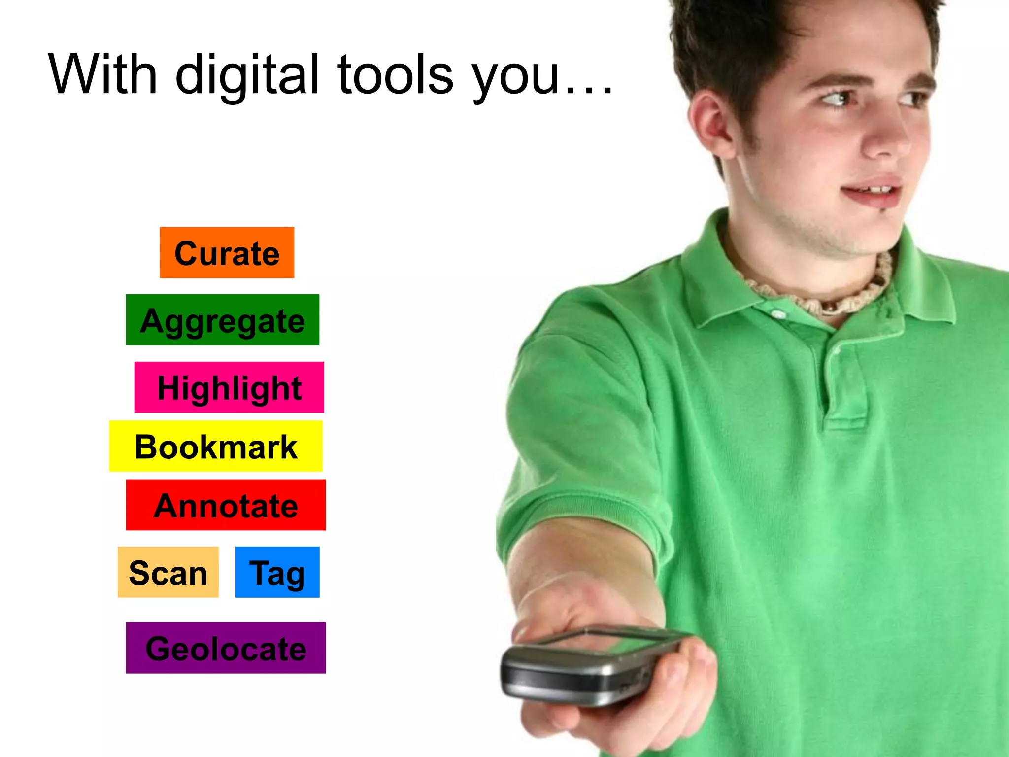 With digital tools you…
Curate
Aggregate
Highlight
Bookmark
Annotate
Scan

Tag

Geolocate

 