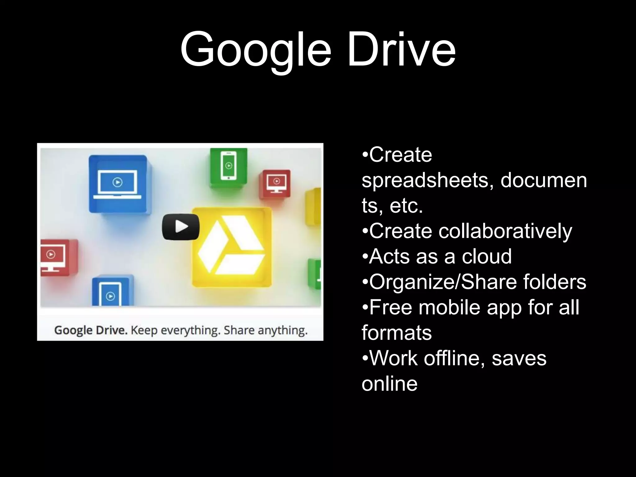 Google Drive
•Create
spreadsheets, documen
ts, etc.
•Create collaboratively
•Acts as a cloud
•Organize/Share folders
•Free mobile app for all
formats
•Work offline, saves
online

 