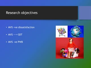 Research objectives
• MVS +ve dissatisfaction
• MVS SDT
• MVS –ve PWB
 