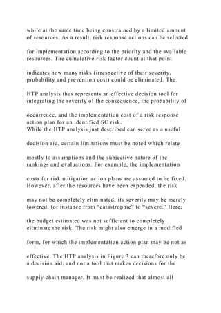 while at the same time being constrained by a limited amount
of resources. As a result, risk response actions can be selected
for implementation according to the priority and the available
resources. The cumulative risk factor count at that point
indicates how many risks (irrespective of their severity,
probability and prevention cost) could be eliminated. The
HTP analysis thus represents an effective decision tool for
integrating the severity of the consequence, the probability of
occurrence, and the implementation cost of a risk response
action plan for an identified SC risk.
While the HTP analysis just described can serve as a useful
decision aid, certain limitations must be noted which relate
mostly to assumptions and the subjective nature of the
rankings and evaluations. For example, the implementation
costs for risk mitigation action plans are assumed to be fixed.
However, after the resources have been expended, the risk
may not be completely eliminated; its severity may be merely
lowered, for instance from “catastrophic” to “severe.” Here,
the budget estimated was not sufficient to completely
eliminate the risk. The risk might also emerge in a modified
form, for which the implementation action plan may be not as
effective. The HTP analysis in Figure 3 can therefore only be
a decision aid, and not a tool that makes decisions for the
supply chain manager. It must be realized that almost all
 