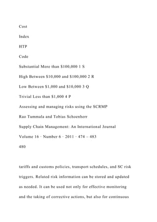 Cost
Index
HTP
Code
Substantial More than $100,000 1 S
High Between $10,000 and $100,000 2 R
Low Between $1,000 and $10,000 3 Q
Trivial Less than $1,000 4 P
Assessing and managing risks using the SCRMP
Rao Tummala and Tobias Schoenherr
Supply Chain Management: An International Journal
Volume 16 · Number 6 · 2011 · 474 – 483
480
tariffs and customs policies, transport schedules, and SC risk
triggers. Related risk information can be stored and updated
as needed. It can be used not only for effective monitoring
and the taking of corrective actions, but also for continuous
 