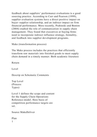 feedback about suppliers’ performance evaluations is a good
sourcing practice. According to Carr and Pearson (1999),
supplier evaluation systems have a direct positive impact on
buyer–supplier relationship, and an indirect impact on firm
financial performance. More recently, Prahinski and Benton
(2004) studied the role of communication in supply chain
management. They found that executives at buying firms
need to incorporate indirect influence strategy, formality,
and feedback into supplier development programs.
Make (transformation process)
The Make process includes the practices that efficiently
transform raw materials into finished goods to meet supply
chain demand in a timely manner. Both academic literature
Return
Level
Descrip on Schematic Comments
Top Level
(Process
Types)
Level 1 defines the scope and content
for the Supply Chain Operations
Reference-model. Here basis of
competition performance targets are
set.
Source MakeDeliver
Plan
1
 