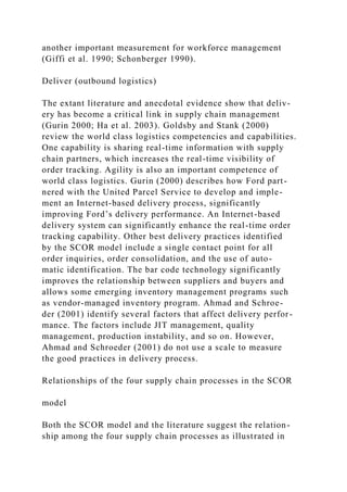 another important measurement for workforce management
(Giffi et al. 1990; Schonberger 1990).
Deliver (outbound logistics)
The extant literature and anecdotal evidence show that deliv-
ery has become a critical link in supply chain management
(Gurin 2000; Ha et al. 2003). Goldsby and Stank (2000)
review the world class logistics competencies and capabilities.
One capability is sharing real-time information with supply
chain partners, which increases the real-time visibility of
order tracking. Agility is also an important competence of
world class logistics. Gurin (2000) describes how Ford part-
nered with the United Parcel Service to develop and imple-
ment an Internet-based delivery process, significantly
improving Ford’s delivery performance. An Internet-based
delivery system can significantly enhance the real-time order
tracking capability. Other best delivery practices identified
by the SCOR model include a single contact point for all
order inquiries, order consolidation, and the use of auto-
matic identification. The bar code technology significantly
improves the relationship between suppliers and buyers and
allows some emerging inventory management programs such
as vendor-managed inventory program. Ahmad and Schroe-
der (2001) identify several factors that affect delivery perfor-
mance. The factors include JIT management, quality
management, production instability, and so on. However,
Ahmad and Schroeder (2001) do not use a scale to measure
the good practices in delivery process.
Relationships of the four supply chain processes in the SCOR
model
Both the SCOR model and the literature suggest the relation-
ship among the four supply chain processes as illustrated in
 