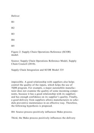 Deliver
H1
H2
H3
H4
H5
Figure 2: Supply Chain Operations Reference (SCOR)
model.
Source: Supply Chain Operations Reference Model, Supply
Chain Council (2010).
Supply Chain Integration and SCOR Model 335
impossible. A good relationship with suppliers also helps
control the quality of the inputs, which helps the use of
TQM program. For example, a major automobile manufac-
turer does not examine the quality of some incoming compo-
nents, because it has a good relationship with its suppliers
and has enough confidence on its supplier’s quality. Finally,
a good delivery from suppliers allows manufacturers to sche-
dule preventive maintenance in an effective way. Therefore,
the following hypothesis is proposed.
H4: Source process positively influences Make process.
Third, the Make process positively influences the delivery
 