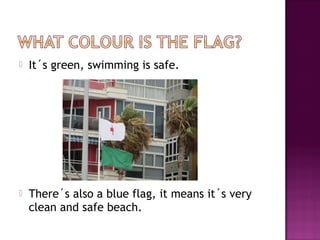  It´s green, swimming is safe.
 There´s also a blue flag, it means it´s very
clean and safe beach.
 